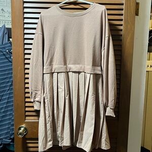 Beige Long Sleeve Pleated Dress